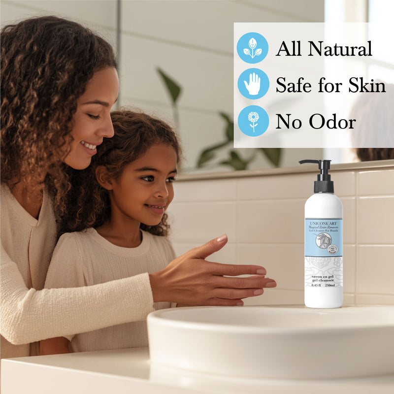 mother and daughter washing hands at bathroom sink all natural cleanser on counter